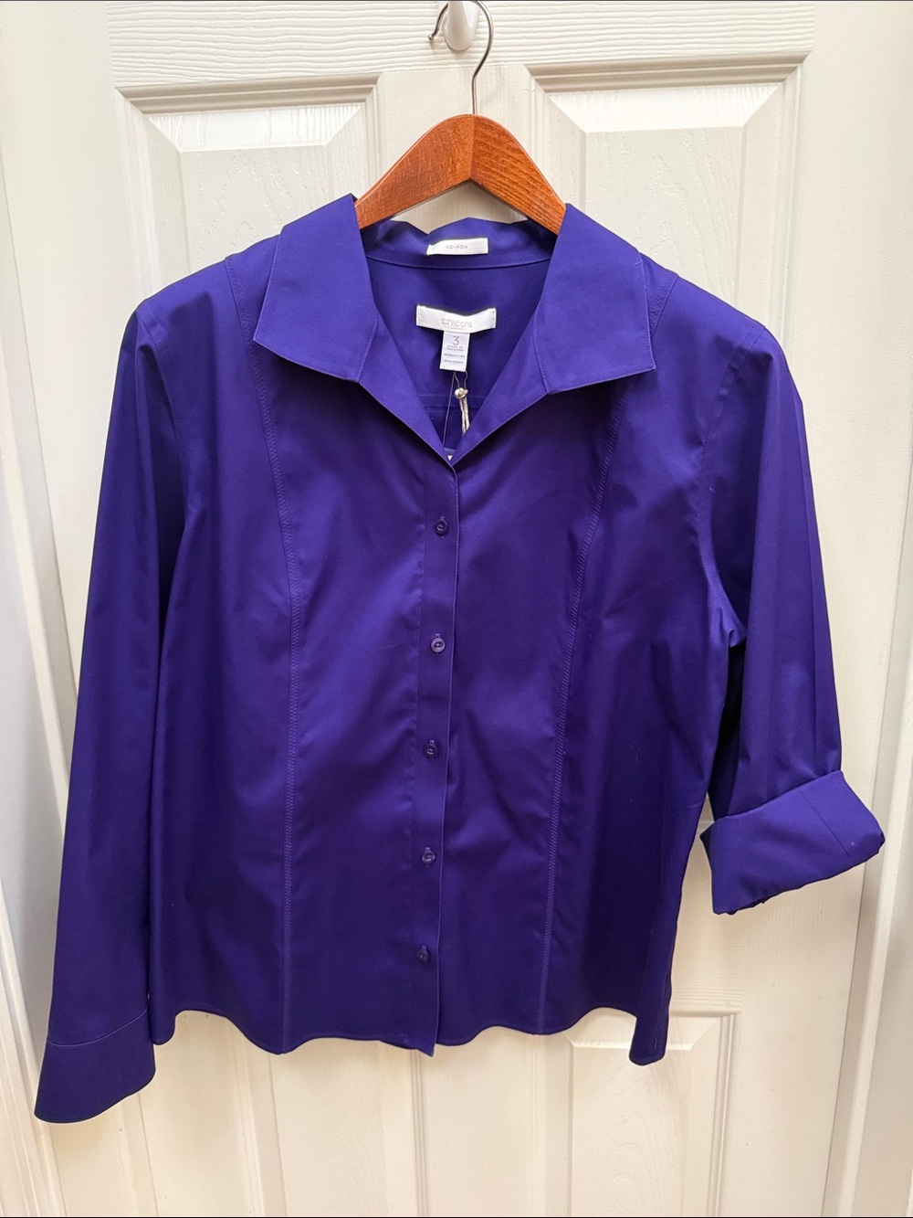 Chico's Deep Purple Button-Front Collared No Iron Cotton Shirt- Zina